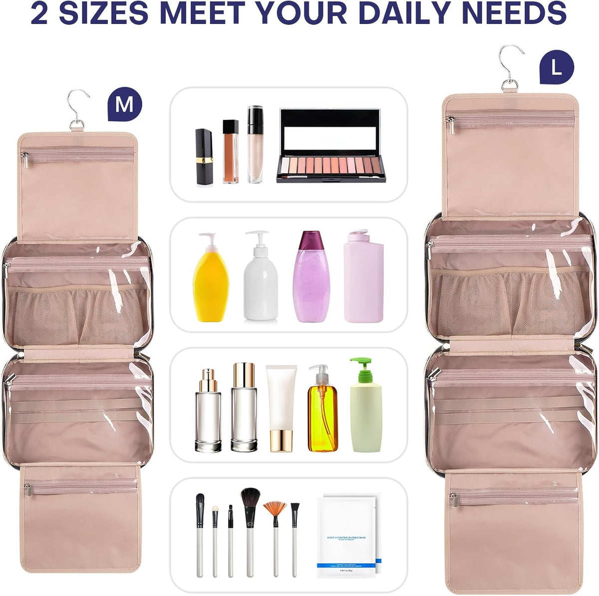Hanging Toiletry Bag for Women Travel, 2 Sizes Large & Small Waterproof Cosmetic Organizer with 4 Compartments, Rotating Hook, Foldable Pink Travel Bag for Toiletries & Makeup - Medium Grey