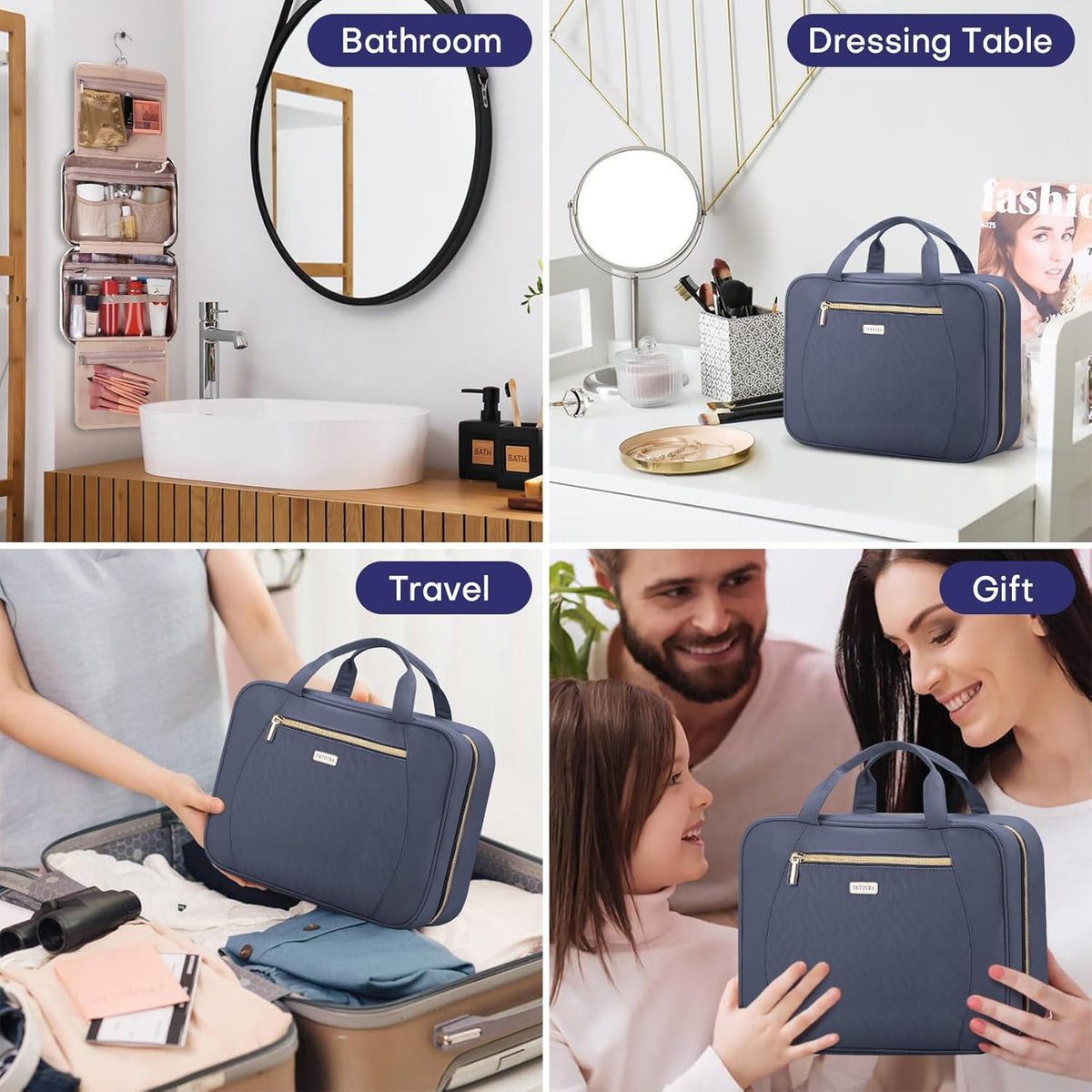 Hanging Toiletry Bag for Women Travel, 2 Sizes Large & Small Waterproof Cosmetic Organizer with 4 Compartments, Rotating Hook, Foldable Pink Travel Bag for Toiletries & Makeup - Medium Grey