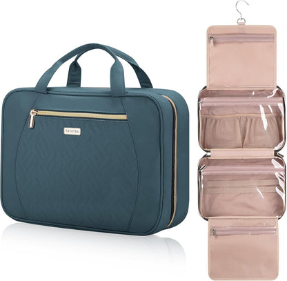 Hanging Toiletry Bag for Women Travel, 2 Sizes Large & Small Waterproof Cosmetic Organizer with 4 Compartments, Rotating Hook, Foldable Pink Travel Bag for Toiletries & Makeup - Medium Grey