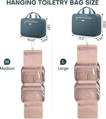 Hanging Toiletry Bag for Women Travel, 2 Sizes Large & Small Waterproof Cosmetic Organizer with 4 Compartments, Rotating Hook, Foldable Pink Travel Bag for Toiletries & Makeup - Medium Grey