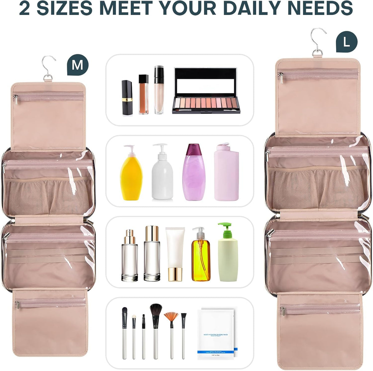 Hanging Toiletry Bag for Women Travel, 2 Sizes Large & Small Waterproof Cosmetic Organizer with 4 Compartments, Rotating Hook, Foldable Pink Travel Bag for Toiletries & Makeup - Medium Grey