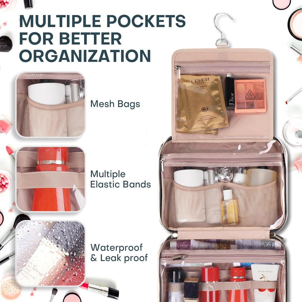 Hanging Toiletry Bag for Women Travel, 2 Sizes Large & Small Waterproof Cosmetic Organizer with 4 Compartments, Rotating Hook, Foldable Pink Travel Bag for Toiletries & Makeup - Medium Grey