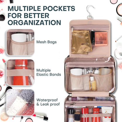 Hanging Toiletry Bag for Women Travel, 2 Sizes Large & Small Waterproof Cosmetic Organizer with 4 Compartments, Rotating Hook, Foldable Pink Travel Bag for Toiletries & Makeup - Medium Grey