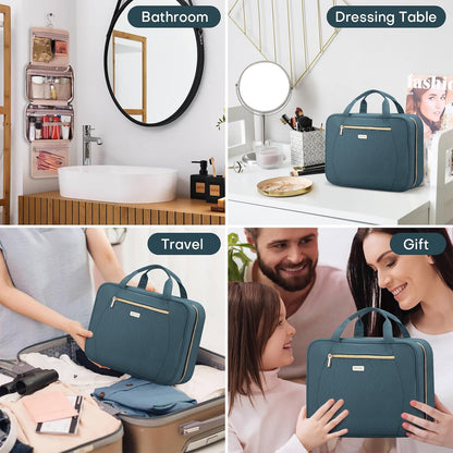 Hanging Toiletry Bag for Women Travel, 2 Sizes Large & Small Waterproof Cosmetic Organizer with 4 Compartments, Rotating Hook, Foldable Pink Travel Bag for Toiletries & Makeup - Medium Grey