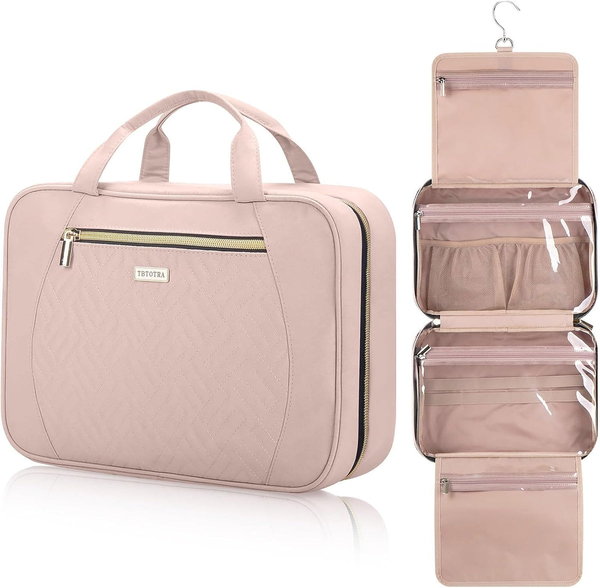 Hanging Toiletry Bag for Women Travel, 2 Sizes Large & Small Waterproof Cosmetic Organizer with 4 Compartments, Rotating Hook, Foldable Pink Travel Bag for Toiletries & Makeup - Medium Grey