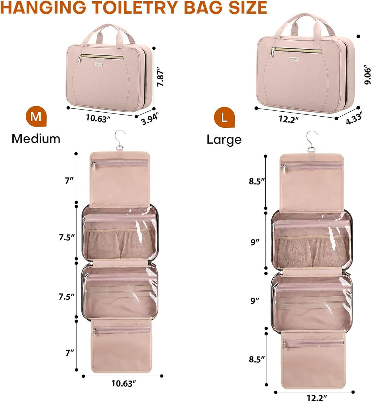 Hanging Toiletry Bag for Women Travel, 2 Sizes Large & Small Waterproof Cosmetic Organizer with 4 Compartments, Rotating Hook, Foldable Pink Travel Bag for Toiletries & Makeup - Medium Grey
