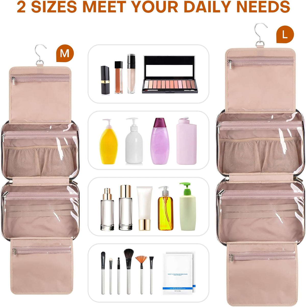 Hanging Toiletry Bag for Women Travel, 2 Sizes Large & Small Waterproof Cosmetic Organizer with 4 Compartments, Rotating Hook, Foldable Pink Travel Bag for Toiletries & Makeup - Medium Grey