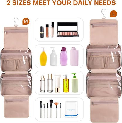 Hanging Toiletry Bag for Women Travel, 2 Sizes Large & Small Waterproof Cosmetic Organizer with 4 Compartments, Rotating Hook, Foldable Pink Travel Bag for Toiletries & Makeup - Medium Grey