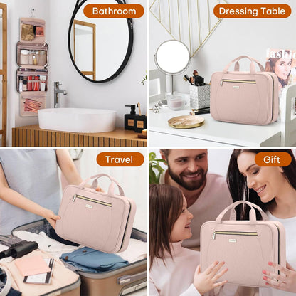 Hanging Toiletry Bag for Women Travel, 2 Sizes Large & Small Waterproof Cosmetic Organizer with 4 Compartments, Rotating Hook, Foldable Pink Travel Bag for Toiletries & Makeup - Medium Grey