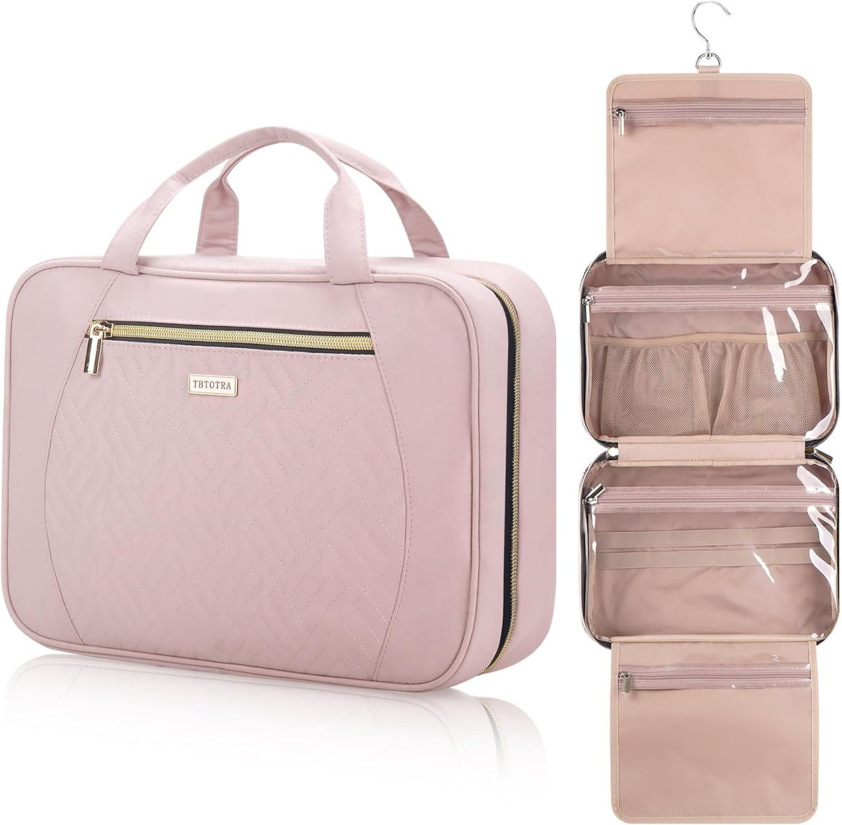 Hanging Toiletry Bag for Women Travel, 2 Sizes Large & Small Waterproof Cosmetic Organizer with 4 Compartments, Rotating Hook, Foldable Pink Travel Bag for Toiletries & Makeup - Medium Grey