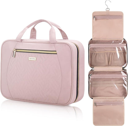Hanging Toiletry Bag for Women Travel, 2 Sizes Large & Small Waterproof Cosmetic Organizer with 4 Compartments, Rotating Hook, Foldable Pink Travel Bag for Toiletries & Makeup - Medium Grey