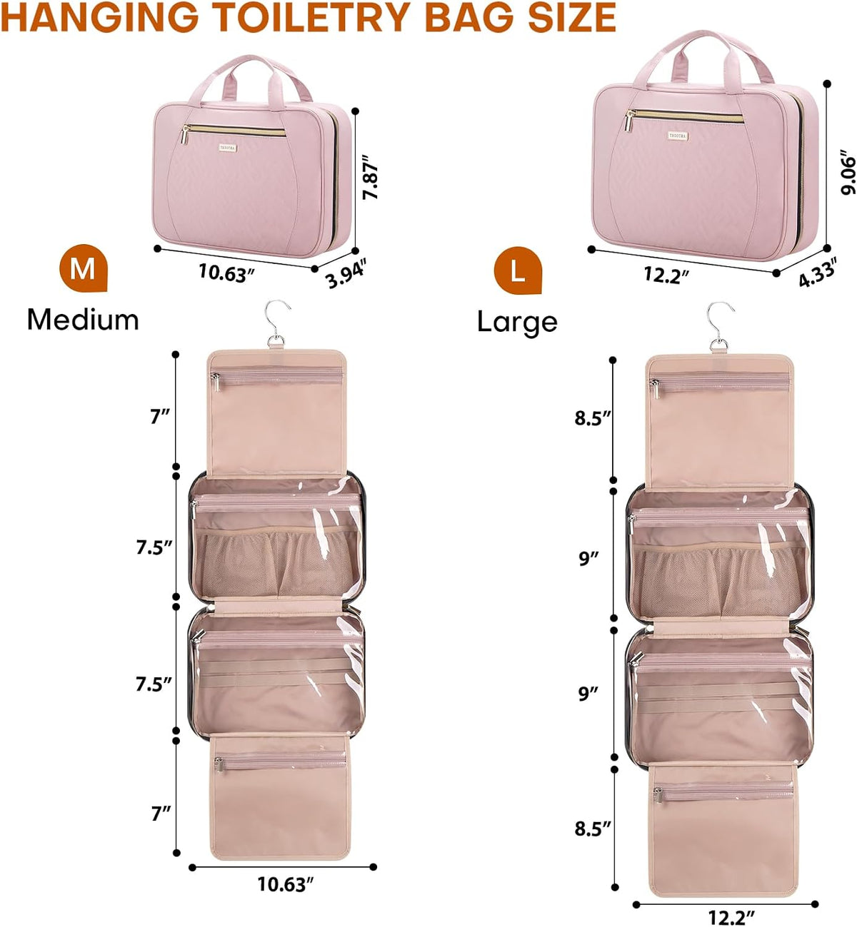 Hanging Toiletry Bag for Women Travel, 2 Sizes Large & Small Waterproof Cosmetic Organizer with 4 Compartments, Rotating Hook, Foldable Pink Travel Bag for Toiletries & Makeup - Medium Grey
