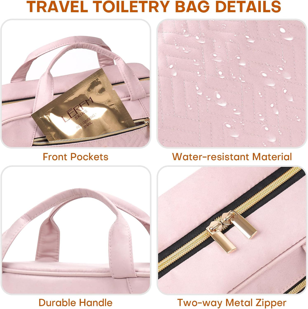 Hanging Toiletry Bag for Women Travel, 2 Sizes Large & Small Waterproof Cosmetic Organizer with 4 Compartments, Rotating Hook, Foldable Pink Travel Bag for Toiletries & Makeup - Medium Grey