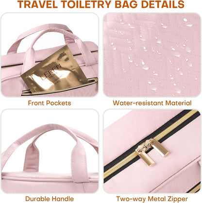 Hanging Toiletry Bag for Women Travel, 2 Sizes Large & Small Waterproof Cosmetic Organizer with 4 Compartments, Rotating Hook, Foldable Pink Travel Bag for Toiletries & Makeup - Medium Grey