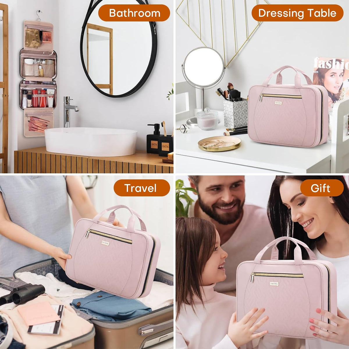 Hanging Toiletry Bag for Women Travel, 2 Sizes Large & Small Waterproof Cosmetic Organizer with 4 Compartments, Rotating Hook, Foldable Pink Travel Bag for Toiletries & Makeup - Medium Grey