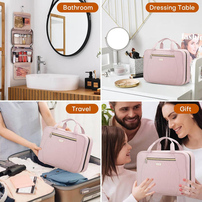 Hanging Toiletry Bag for Women Travel, 2 Sizes Large & Small Waterproof Cosmetic Organizer with 4 Compartments, Rotating Hook, Foldable Pink Travel Bag for Toiletries & Makeup - Medium Grey