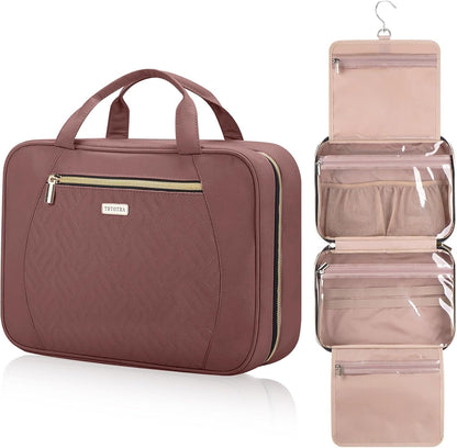 Hanging Toiletry Bag for Women Travel, 2 Sizes Large & Small Waterproof Cosmetic Organizer with 4 Compartments, Rotating Hook, Foldable Pink Travel Bag for Toiletries & Makeup - Medium Grey
