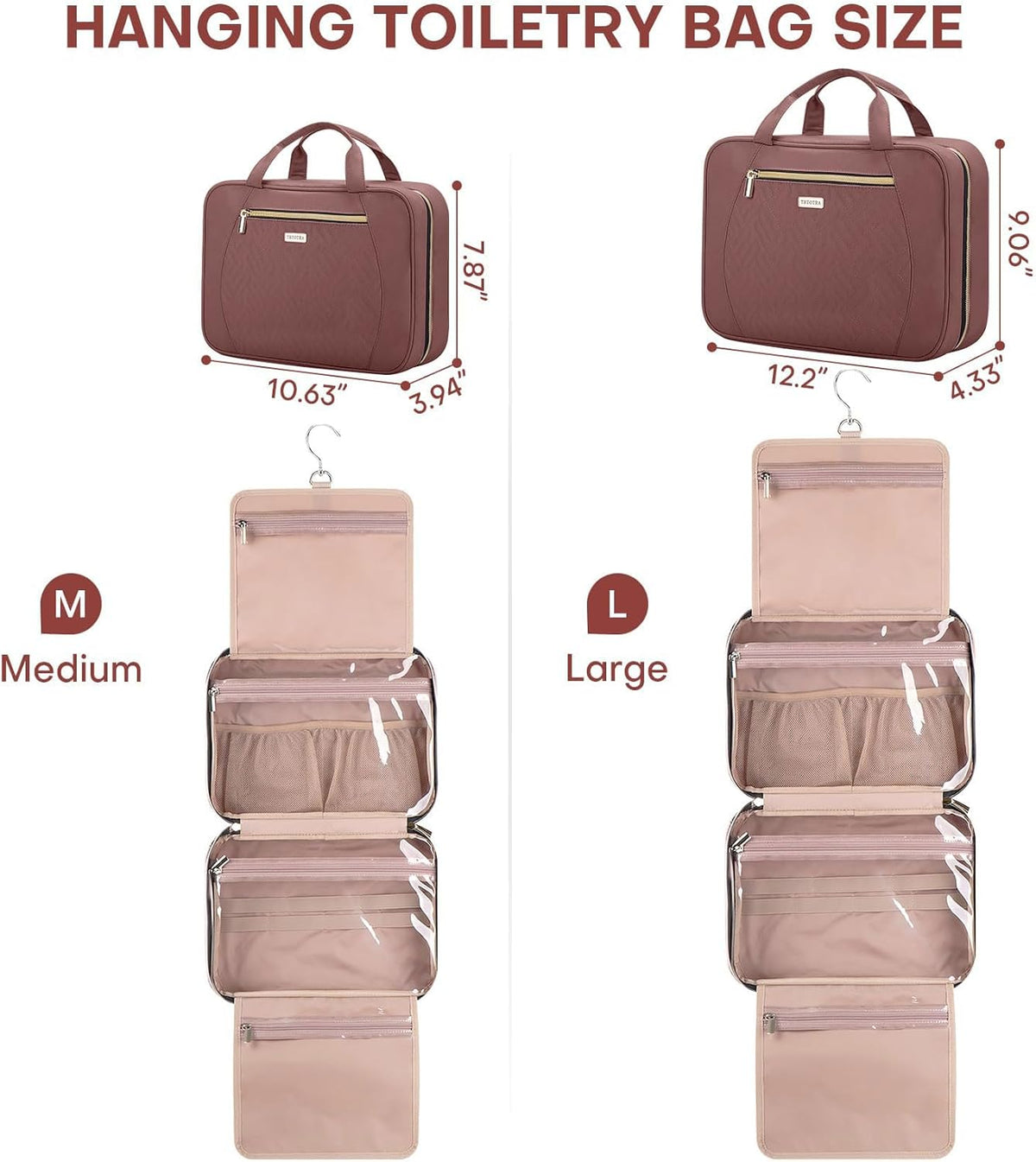 Hanging Toiletry Bag for Women Travel, 2 Sizes Large & Small Waterproof Cosmetic Organizer with 4 Compartments, Rotating Hook, Foldable Pink Travel Bag for Toiletries & Makeup - Medium Grey