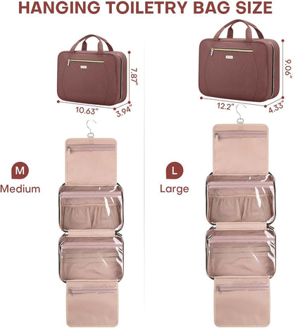 Hanging Toiletry Bag for Women Travel, 2 Sizes Large & Small Waterproof Cosmetic Organizer with 4 Compartments, Rotating Hook, Foldable Pink Travel Bag for Toiletries & Makeup - Medium Grey