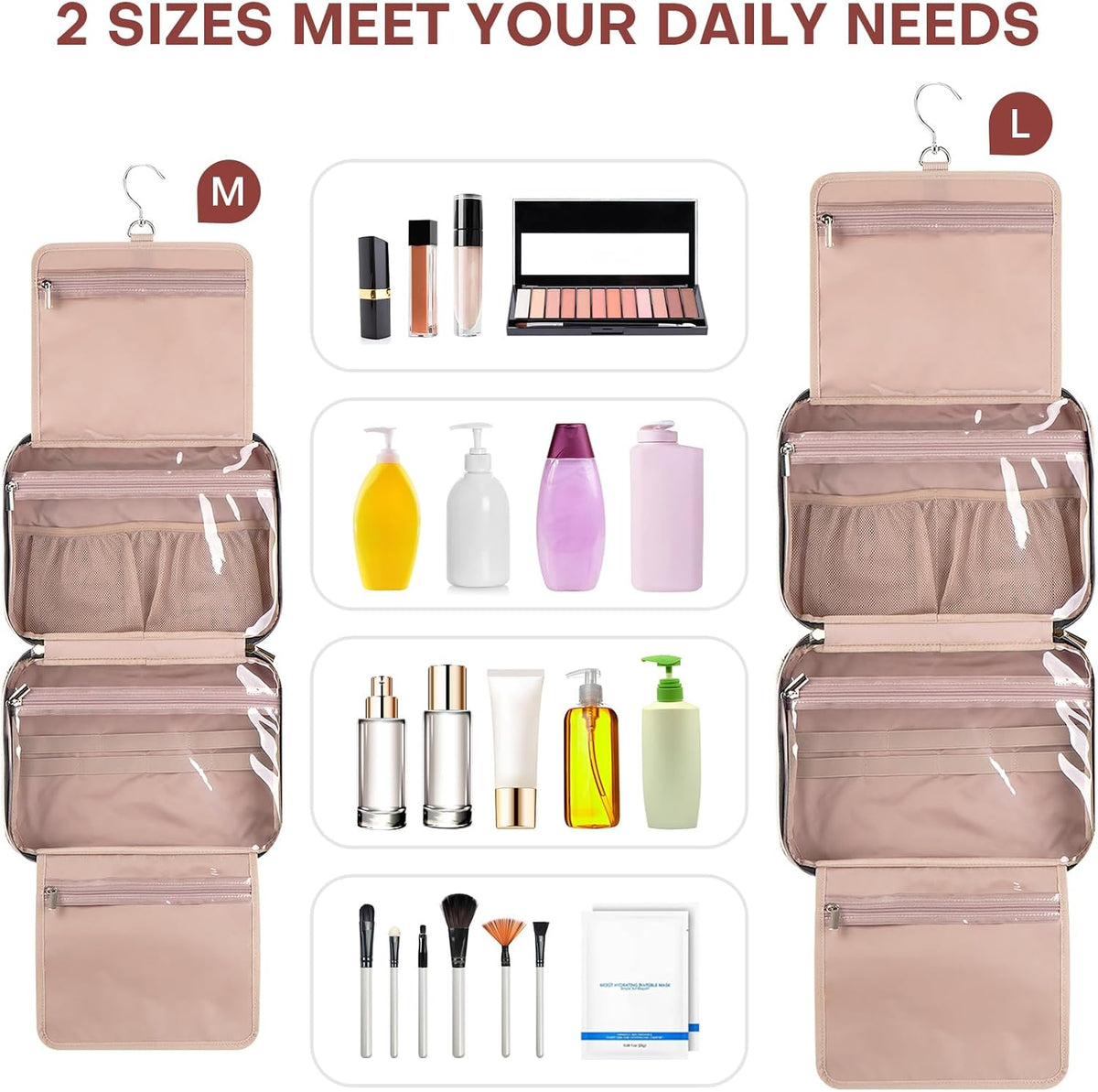 Hanging Toiletry Bag for Women Travel, 2 Sizes Large & Small Waterproof Cosmetic Organizer with 4 Compartments, Rotating Hook, Foldable Pink Travel Bag for Toiletries & Makeup - Medium Grey