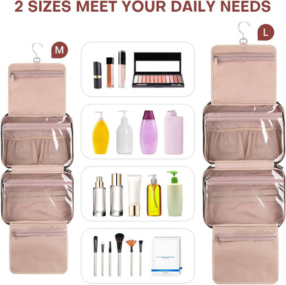 Hanging Toiletry Bag for Women Travel, 2 Sizes Large & Small Waterproof Cosmetic Organizer with 4 Compartments, Rotating Hook, Foldable Pink Travel Bag for Toiletries & Makeup - Medium Grey