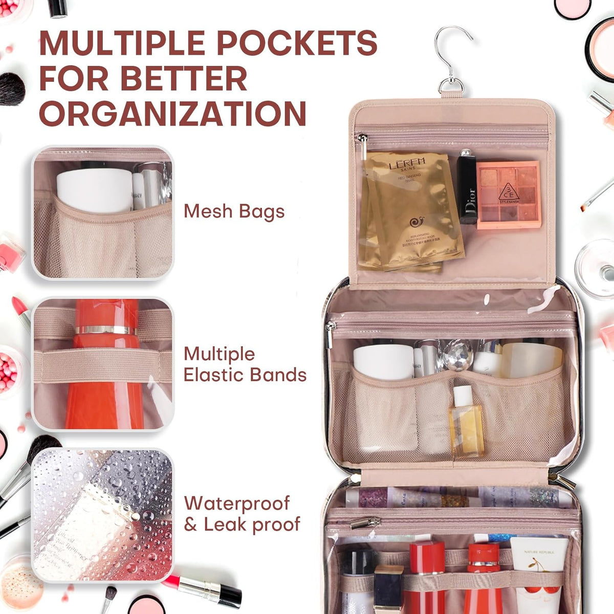 Hanging Toiletry Bag for Women Travel, 2 Sizes Large & Small Waterproof Cosmetic Organizer with 4 Compartments, Rotating Hook, Foldable Pink Travel Bag for Toiletries & Makeup - Medium Grey