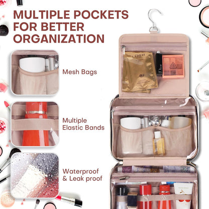 Hanging Toiletry Bag for Women Travel, 2 Sizes Large & Small Waterproof Cosmetic Organizer with 4 Compartments, Rotating Hook, Foldable Pink Travel Bag for Toiletries & Makeup - Medium Grey