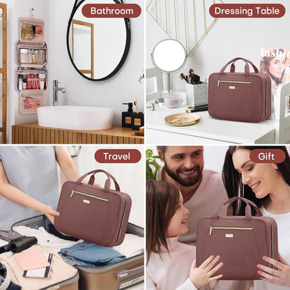 Hanging Toiletry Bag for Women Travel, 2 Sizes Large & Small Waterproof Cosmetic Organizer with 4 Compartments, Rotating Hook, Foldable Pink Travel Bag for Toiletries & Makeup - Medium Grey