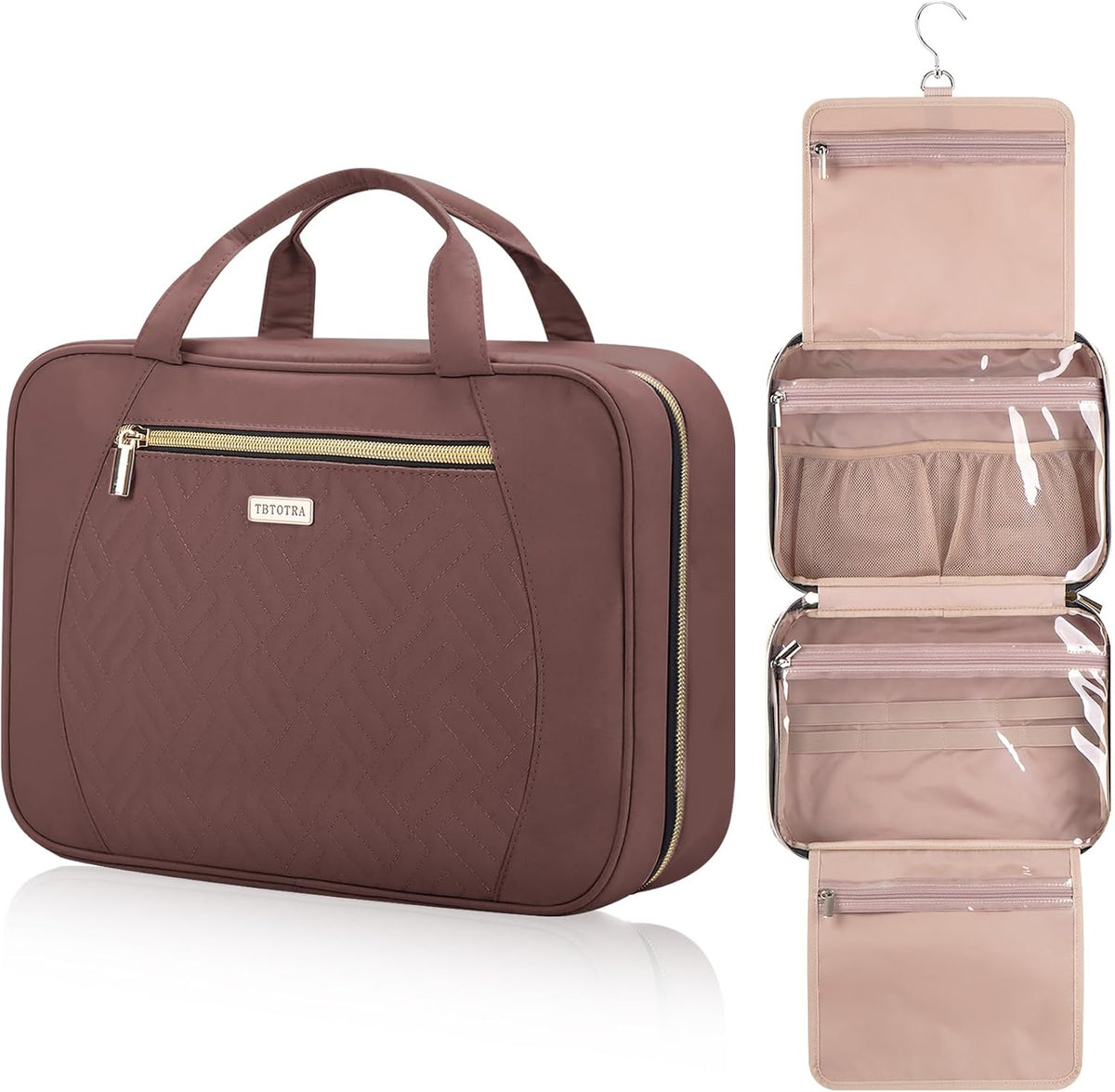 Hanging Toiletry Bag for Women Travel, 2 Sizes Large & Small Waterproof Cosmetic Organizer with 4 Compartments, Rotating Hook, Foldable Pink Travel Bag for Toiletries & Makeup - Medium Grey