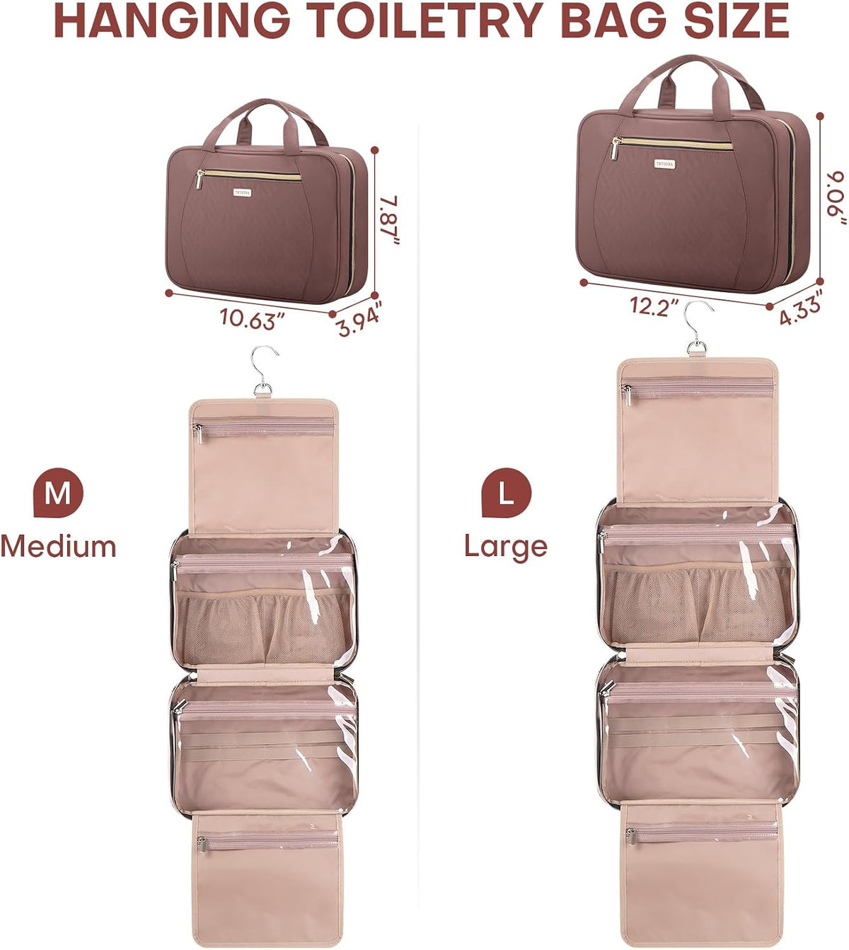 Hanging Toiletry Bag for Women Travel, 2 Sizes Large & Small Waterproof Cosmetic Organizer with 4 Compartments, Rotating Hook, Foldable Pink Travel Bag for Toiletries & Makeup - Medium Grey