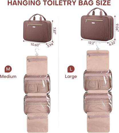 Hanging Toiletry Bag for Women Travel, 2 Sizes Large & Small Waterproof Cosmetic Organizer with 4 Compartments, Rotating Hook, Foldable Pink Travel Bag for Toiletries & Makeup - Medium Grey