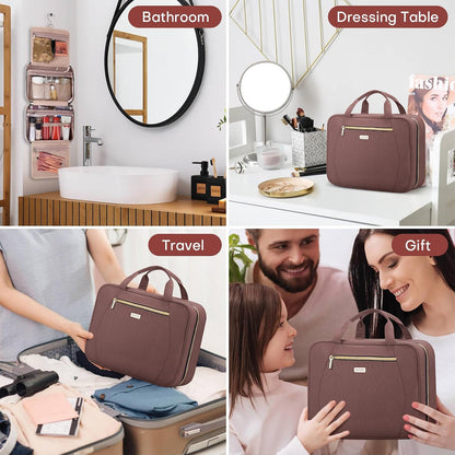 Hanging Toiletry Bag for Women Travel, 2 Sizes Large & Small Waterproof Cosmetic Organizer with 4 Compartments, Rotating Hook, Foldable Pink Travel Bag for Toiletries & Makeup - Medium Grey