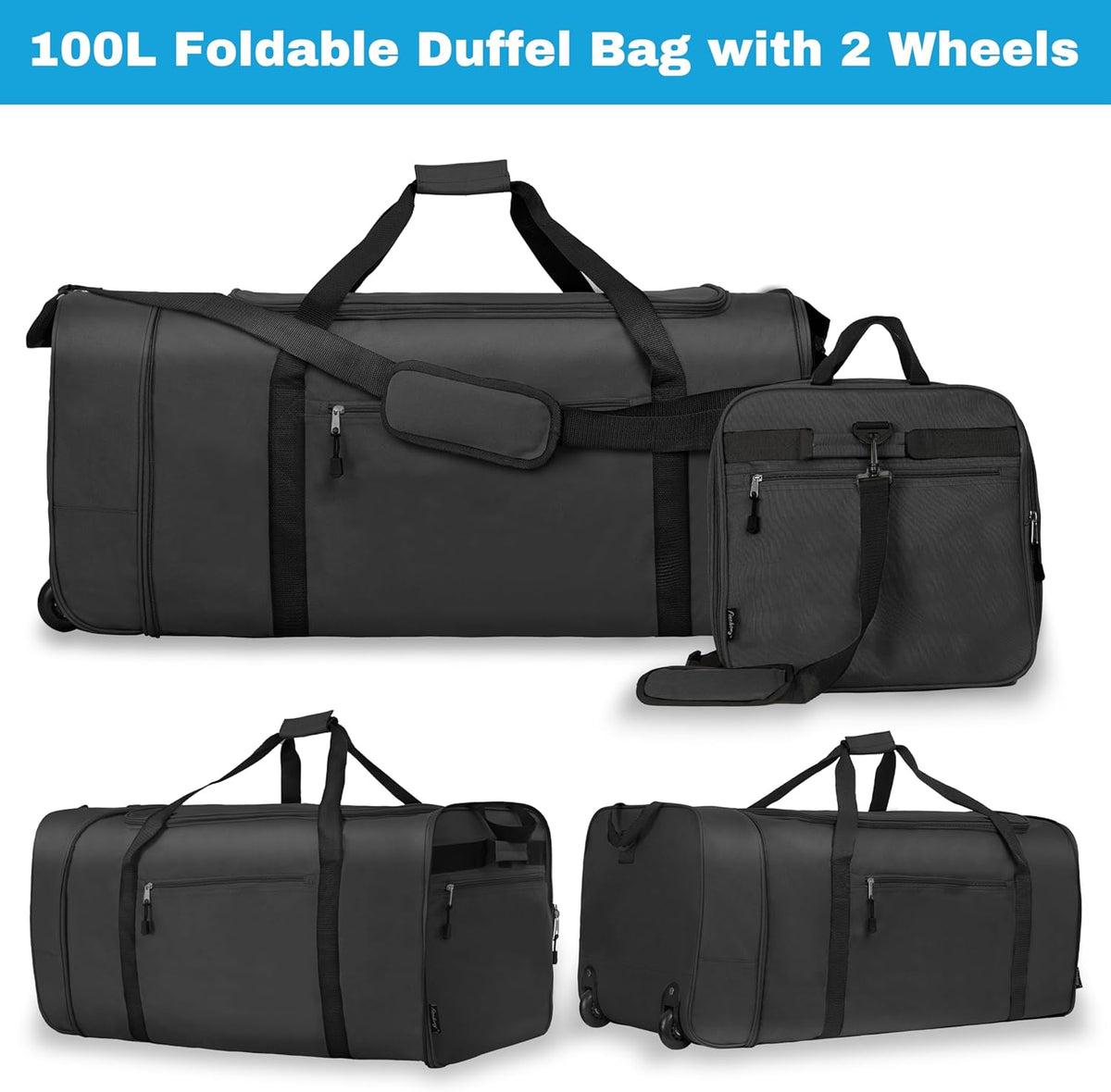 100L Foldable Rolling Duffel Bag with 2 Wheels, Light Weight Travel Duffel bag with Large Loading Capacity, 32 inch Rolling Duffel bag with Shoulder Strap for Travel Camping Sports