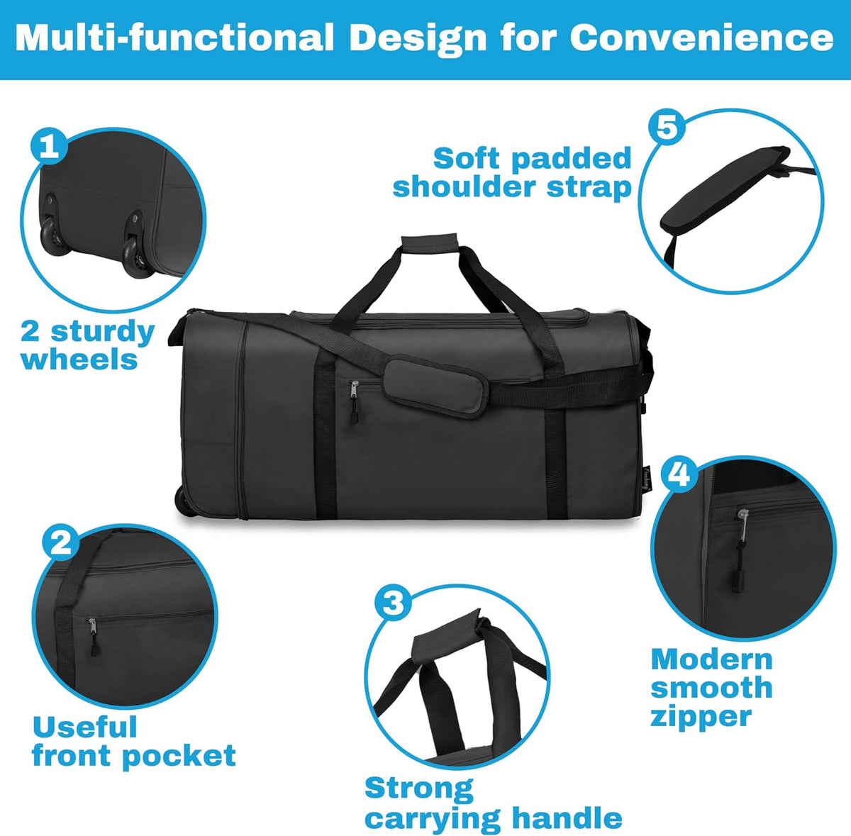 100L Foldable Rolling Duffel Bag with 2 Wheels, Light Weight Travel Duffel bag with Large Loading Capacity, 32 inch Rolling Duffel bag with Shoulder Strap for Travel Camping Sports