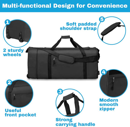 100L Foldable Rolling Duffel Bag with 2 Wheels, Light Weight Travel Duffel bag with Large Loading Capacity, 32 inch Rolling Duffel bag with Shoulder Strap for Travel Camping Sports