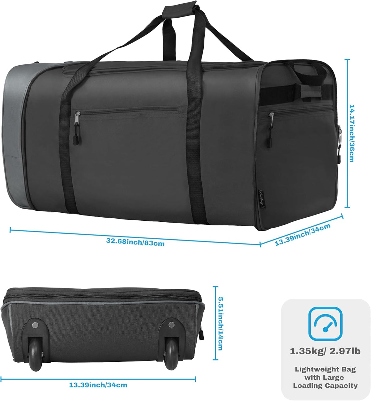 100L Foldable Rolling Duffel Bag with 2 Wheels, Light Weight Travel Duffel bag with Large Loading Capacity, 32 inch Rolling Duffel bag with Shoulder Strap for Travel Camping Sports