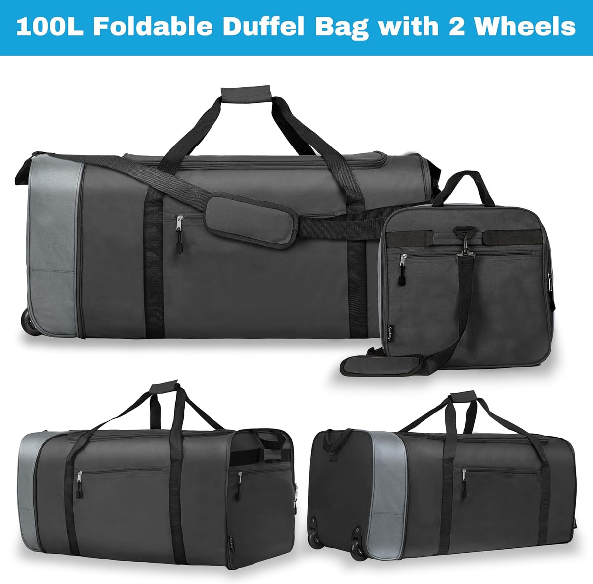 100L Foldable Rolling Duffel Bag with 2 Wheels, Light Weight Travel Duffel bag with Large Loading Capacity, 32 inch Rolling Duffel bag with Shoulder Strap for Travel Camping Sports