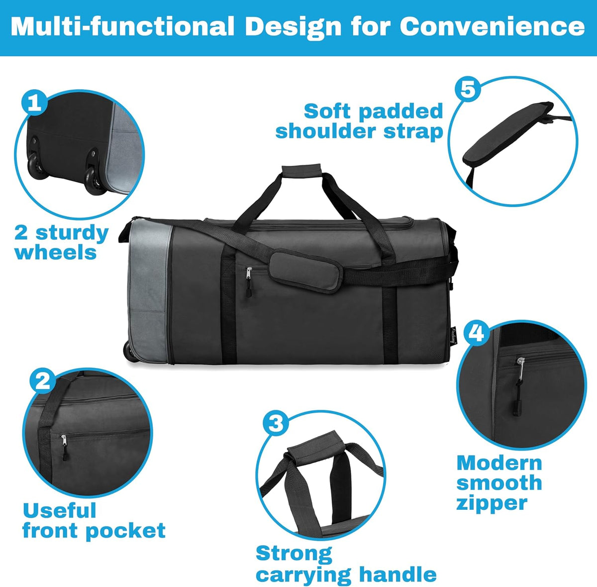 100L Foldable Rolling Duffel Bag with 2 Wheels, Light Weight Travel Duffel bag with Large Loading Capacity, 32 inch Rolling Duffel bag with Shoulder Strap for Travel Camping Sports