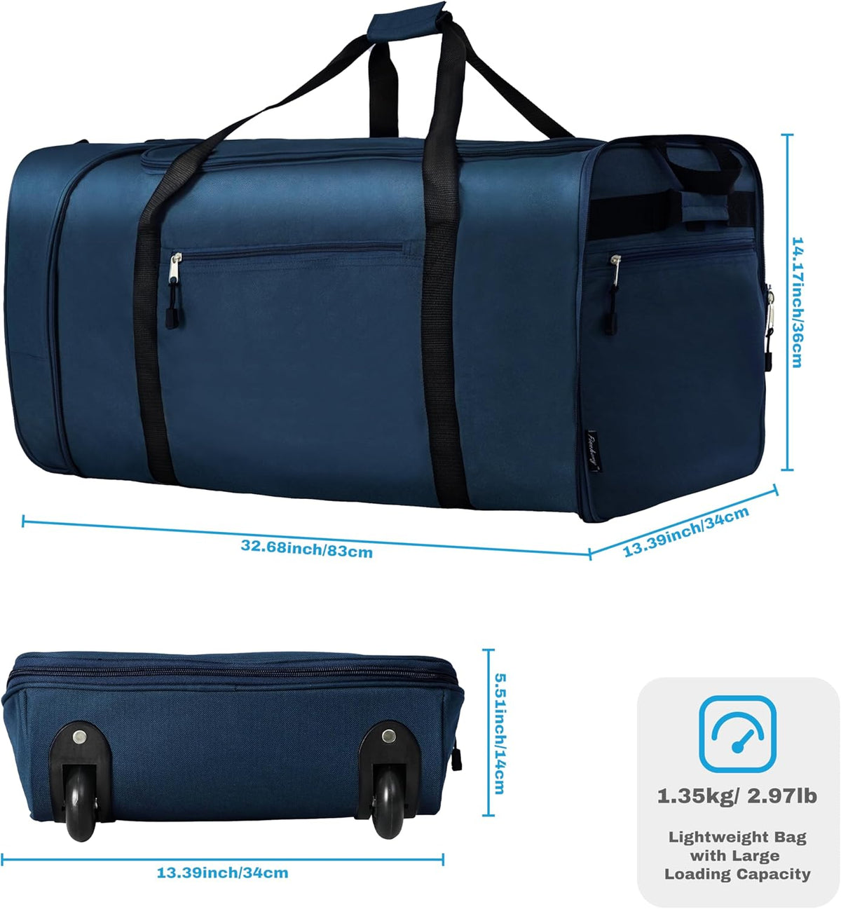 100L Foldable Rolling Duffel Bag with 2 Wheels, Light Weight Travel Duffel bag with Large Loading Capacity, 32 inch Rolling Duffel bag with Shoulder Strap for Travel Camping Sports