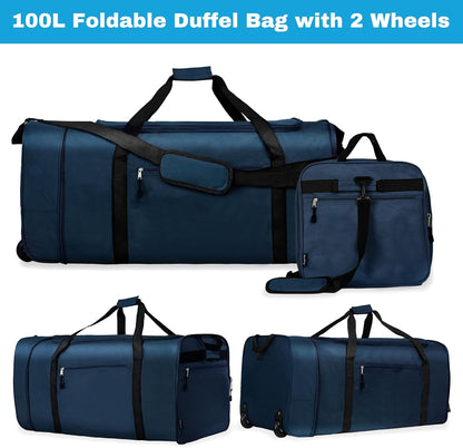 100L Foldable Rolling Duffel Bag with 2 Wheels, Light Weight Travel Duffel bag with Large Loading Capacity, 32 inch Rolling Duffel bag with Shoulder Strap for Travel Camping Sports