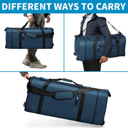 100L Foldable Rolling Duffel Bag with 2 Wheels, Light Weight Travel Duffel bag with Large Loading Capacity, 32 inch Rolling Duffel bag with Shoulder Strap for Travel Camping Sports