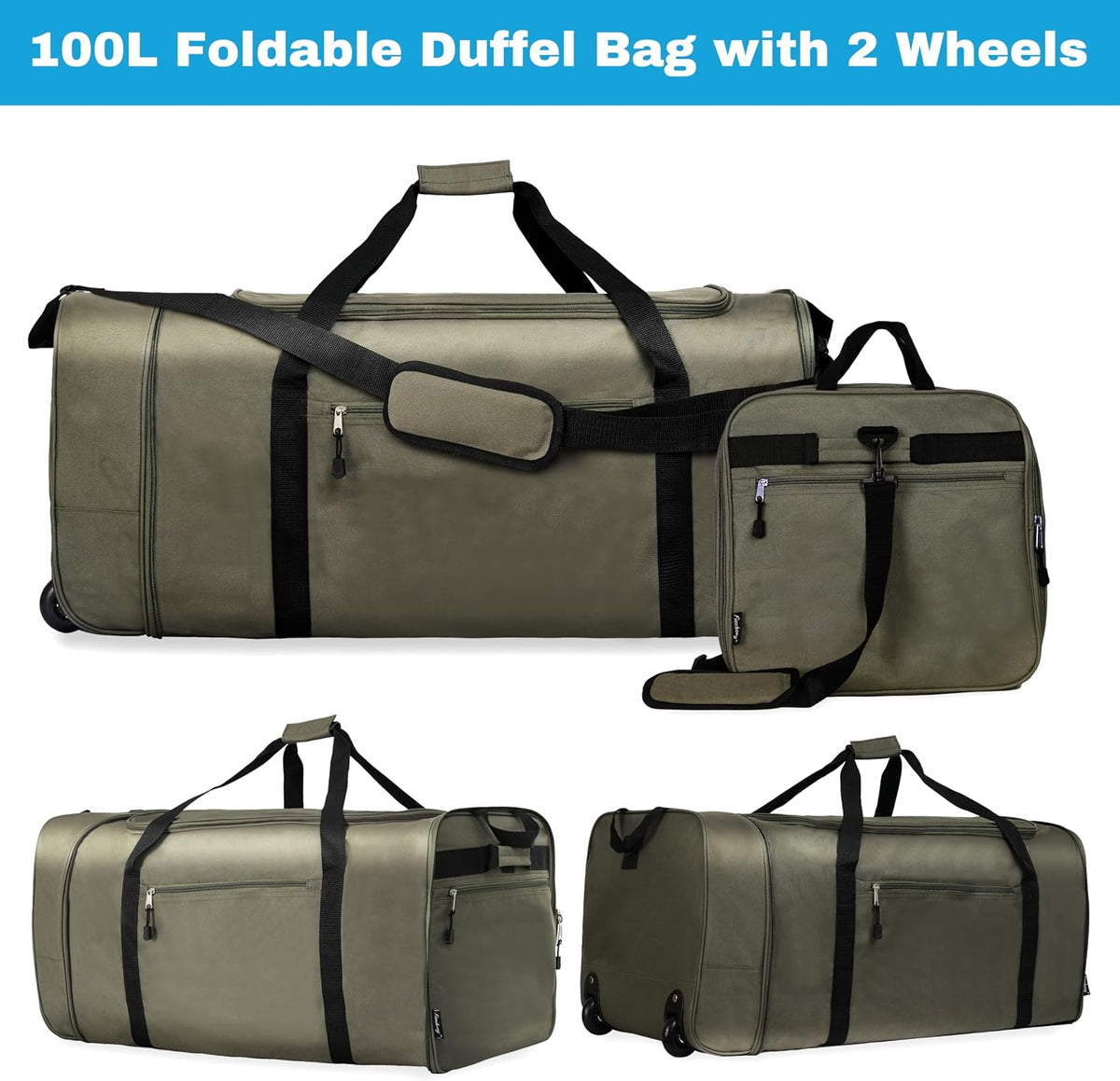 100L Foldable Rolling Duffel Bag with 2 Wheels, Light Weight Travel Duffel bag with Large Loading Capacity, 32 inch Rolling Duffel bag with Shoulder Strap for Travel Camping Sports