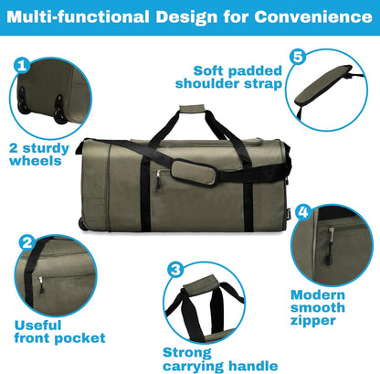 100L Foldable Rolling Duffel Bag with 2 Wheels, Light Weight Travel Duffel bag with Large Loading Capacity, 32 inch Rolling Duffel bag with Shoulder Strap for Travel Camping Sports