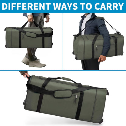 100L Foldable Rolling Duffel Bag with 2 Wheels, Light Weight Travel Duffel bag with Large Loading Capacity, 32 inch Rolling Duffel bag with Shoulder Strap for Travel Camping Sports