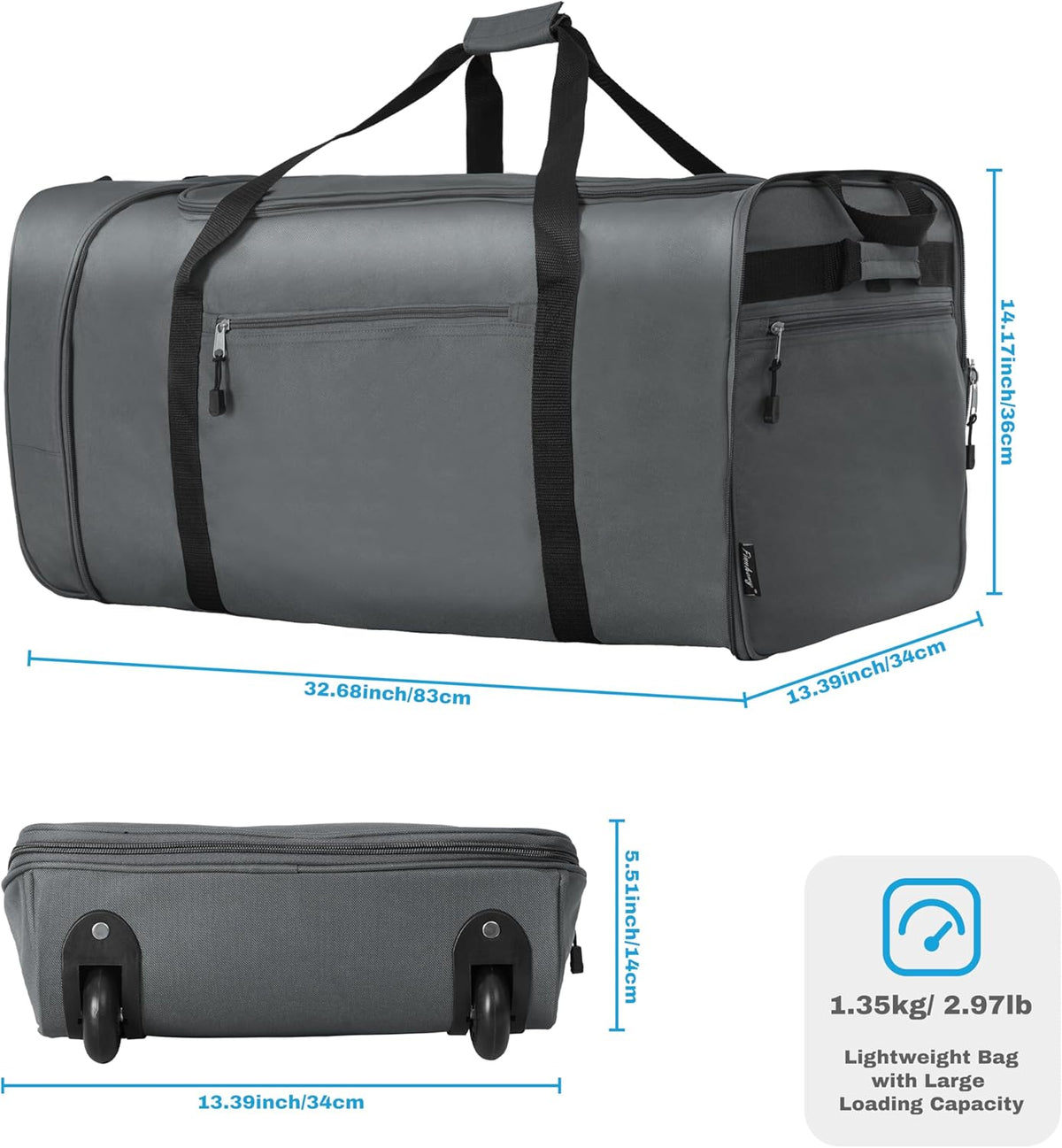 100L Foldable Rolling Duffel Bag with 2 Wheels, Light Weight Travel Duffel bag with Large Loading Capacity, 32 inch Rolling Duffel bag with Shoulder Strap for Travel Camping Sports