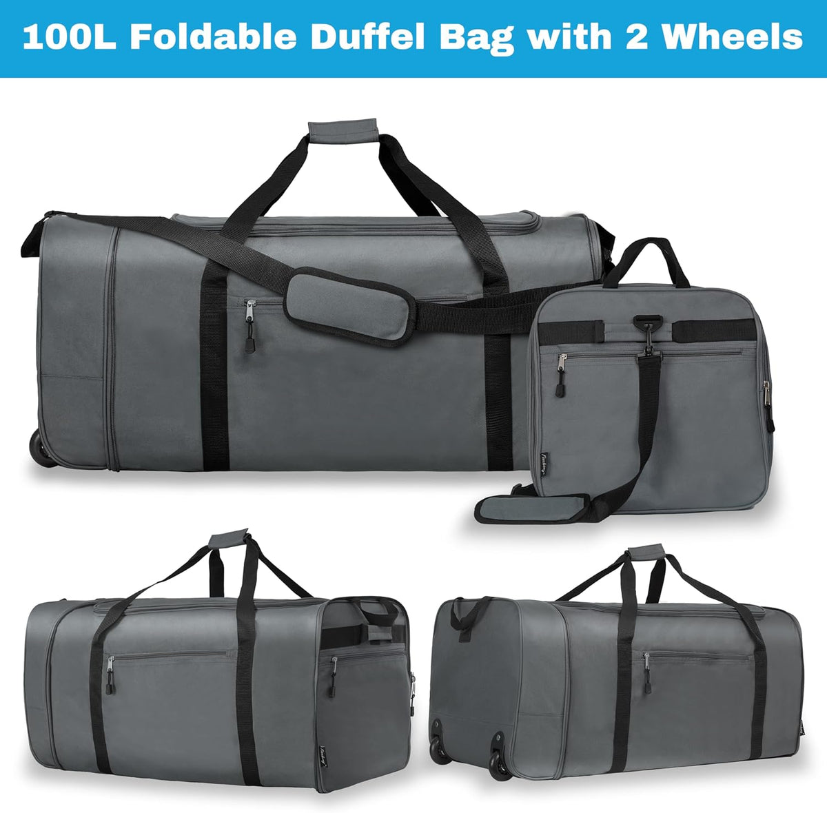 100L Foldable Rolling Duffel Bag with 2 Wheels, Light Weight Travel Duffel bag with Large Loading Capacity, 32 inch Rolling Duffel bag with Shoulder Strap for Travel Camping Sports