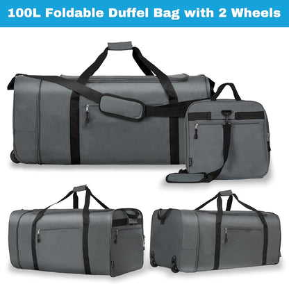 100L Foldable Rolling Duffel Bag with 2 Wheels, Light Weight Travel Duffel bag with Large Loading Capacity, 32 inch Rolling Duffel bag with Shoulder Strap for Travel Camping Sports