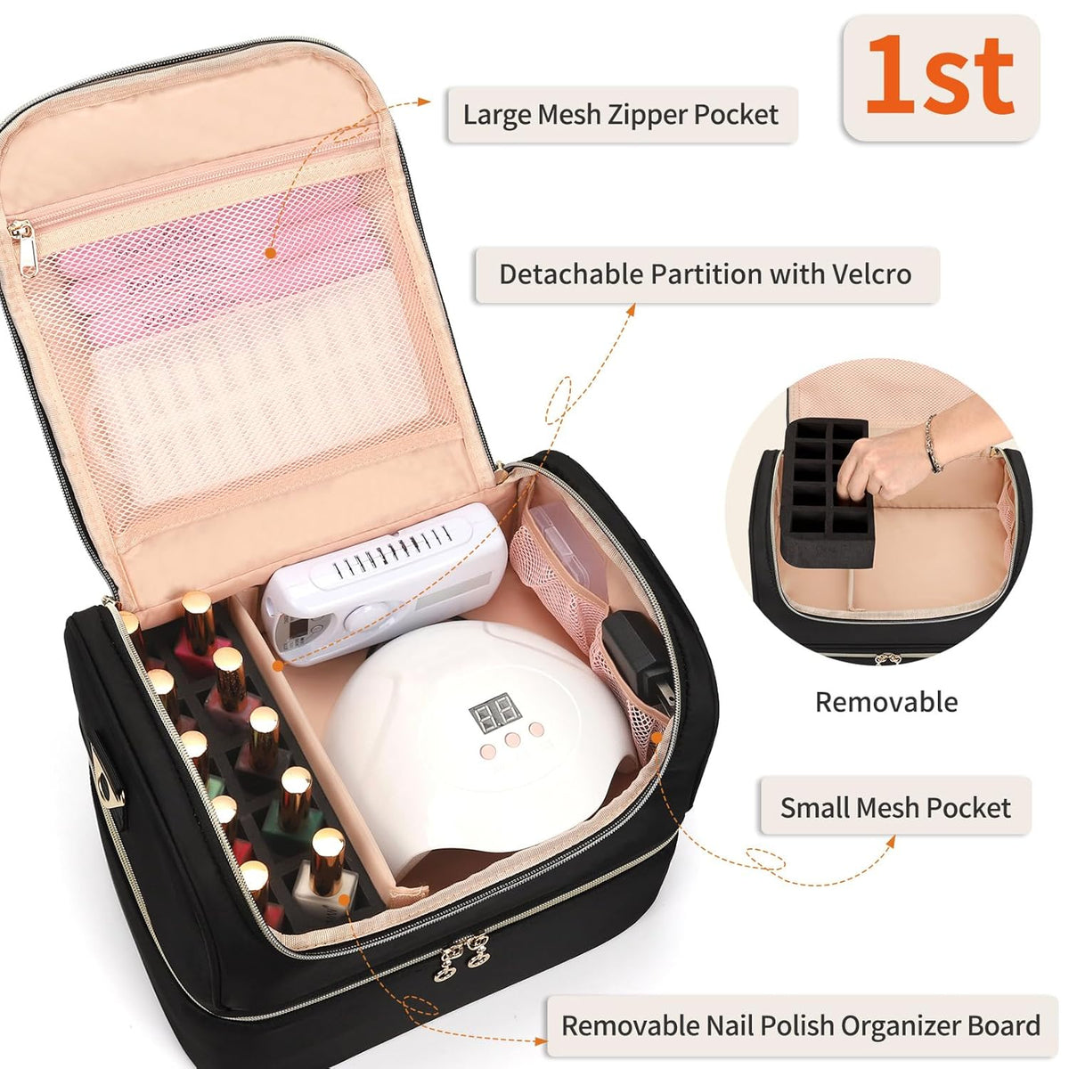 Nail Polish Organizer Case, Nail Supplies Storage Box Holds 117 Bottles Nail Polish & Nail Lamp, Travel Nail Tech Carrying Case, Nail Kit Bag For Nail Stuff & Manicure Tools