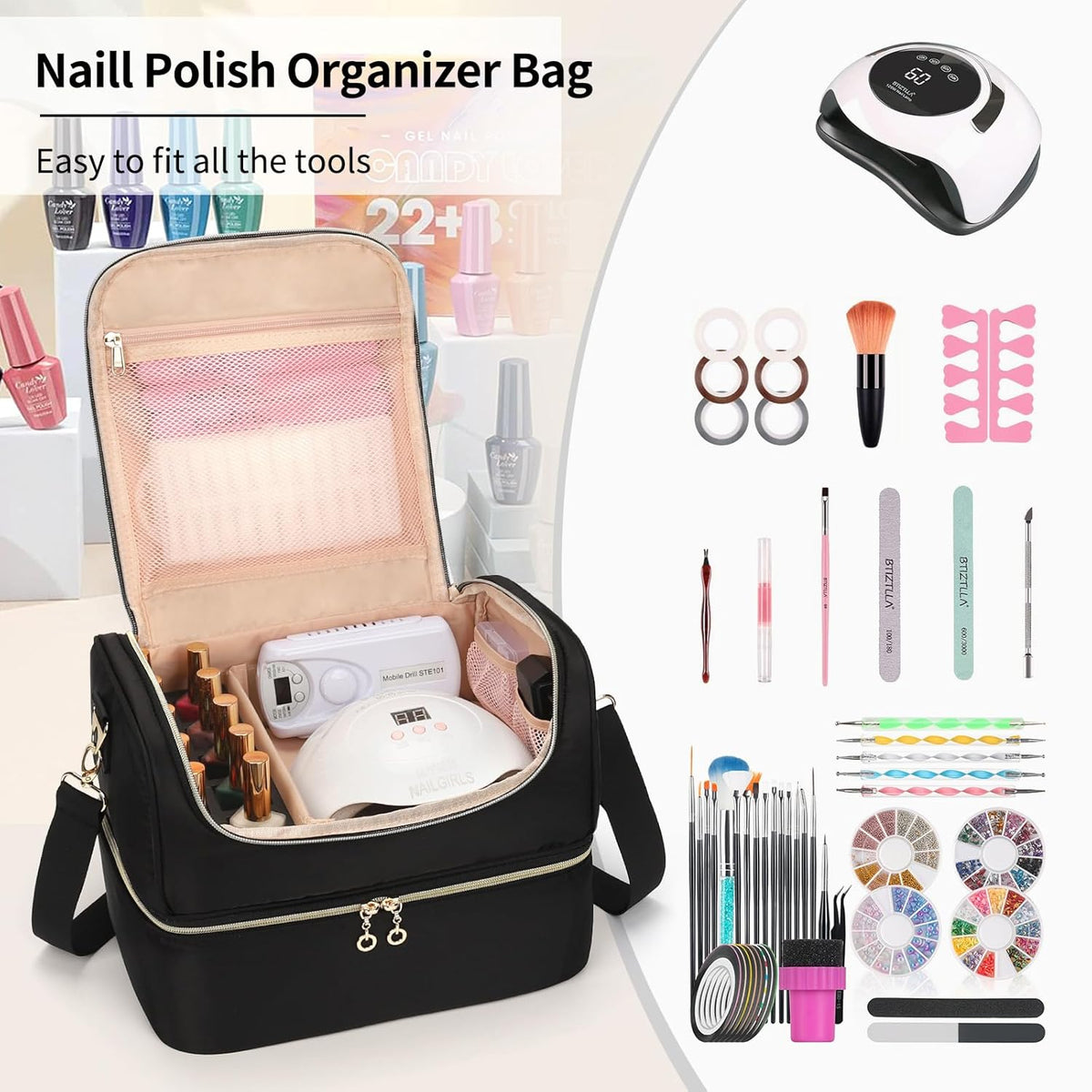 Nail Polish Organizer Case, Nail Supplies Storage Box Holds 117 Bottles Nail Polish & Nail Lamp, Travel Nail Tech Carrying Case, Nail Kit Bag For Nail Stuff & Manicure Tools