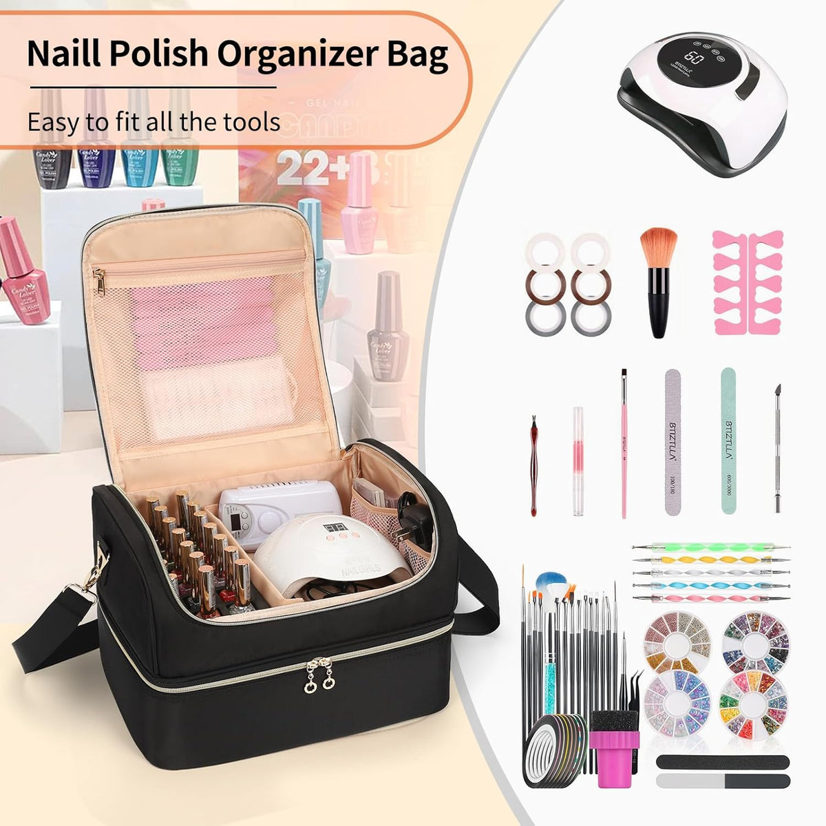 Nail Polish Organizer Case, Nail Supplies Storage Box Holds 117 Bottles Nail Polish & Nail Lamp, Travel Nail Tech Carrying Case, Nail Kit Bag For Nail Stuff & Manicure Tools